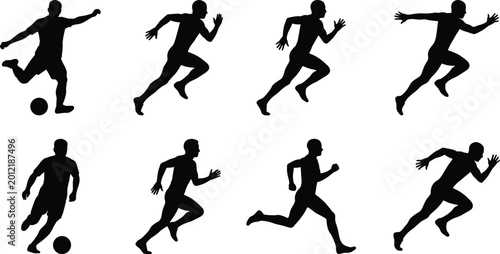 Foto Running athlete silhouette set with soccer player and sprint poses isolated blac