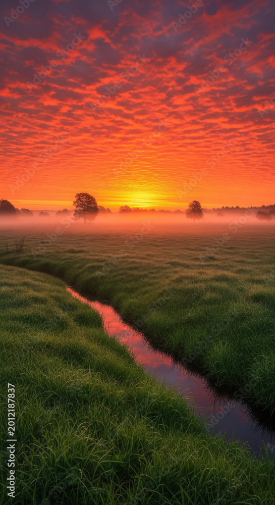 Fototapeta premium Fiery Sunrise Over Tranquil Landscape Field Reflection In River Serene Dawn