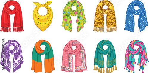 Bild auf Leinwand Collection of colorful fashion scarves and neckerchiefs with various patterns like floral polka dots and geometric designs for winter and spring accessories