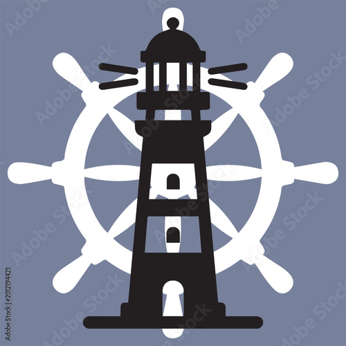 Minimalist lighthouse and ship wheel icon illustration in flat design style. Nautical navigation symbol with black and white silhouette on soft blue background.