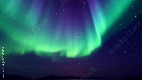 Spectacular Green and Purple Aurora Borealis Dancing in the Night Sky Over a Dark Horizon