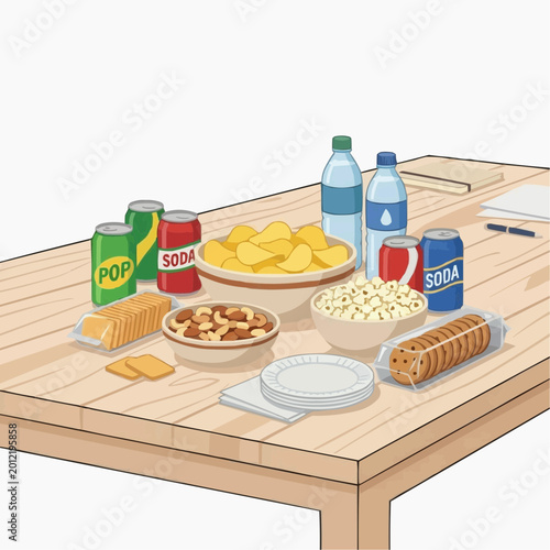 Snacks and Drinks Spread: An assortment of tasty snacks and refreshing beverages are artfully arranged on a wooden table, enticing viewers with a promise of satisfying cravings.