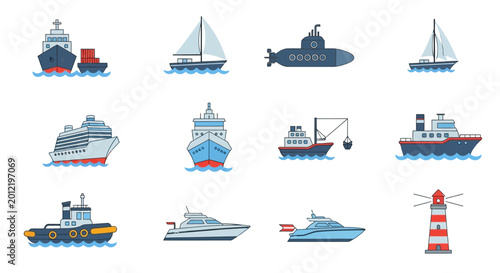 Collection of Pixel Art Ships and Boats - Cargo Ship, Yacht, Submarine, Cruise Liner