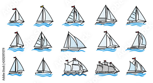 Collection of Sailboats and Sailing Ships on Blue Water, Nautical Vector Illustrations