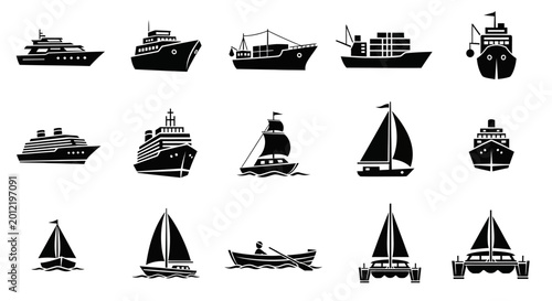 Collection of Ship and Boat Icons: Nautical Transportation and Maritime Silhouettes