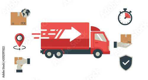 Fast Delivery Truck with Icons: Logistics, Shipping, Global Transport, Tracking, Speed