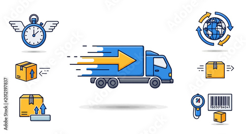 Fast Delivery Truck Icons: Shipping, Logistics, Speed, Global Transport, Package Tracking