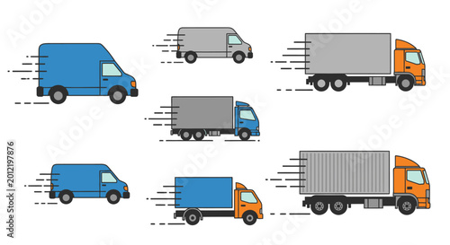 Fast Delivery Trucks and Vans Collection, Logistics and Shipping Concept