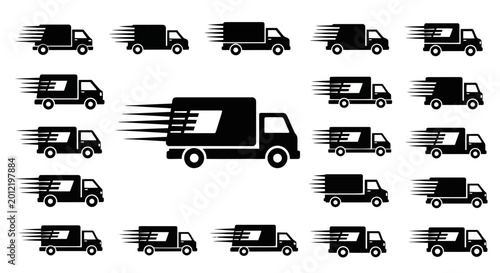 Fast delivery trucks icons, speed motion blur, logistics and shipping service concept