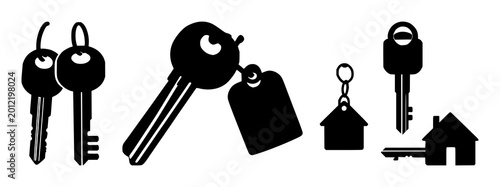 House keys icon set with solid black line art design featuring keys, lock, door and home icon with outline and silhouette on white background