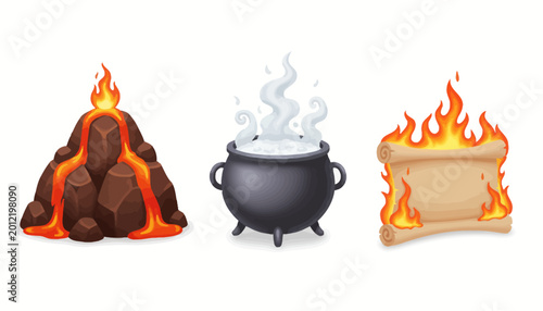 Tableau sur toile Fire icons, burning fire elements, flame symbols, blazing embers, cauldron