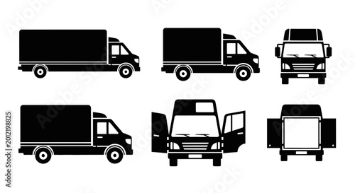 Set of Black Truck Icons: Side, Front, Rear Views & Open Doors