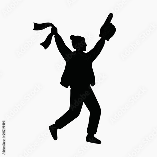 Silhouette of Fan with Foam Finger: A dynamic silhouette of a enthusiastic fan cheers with a foam finger, expressing passion and support, celebrating with a banner in their hands.