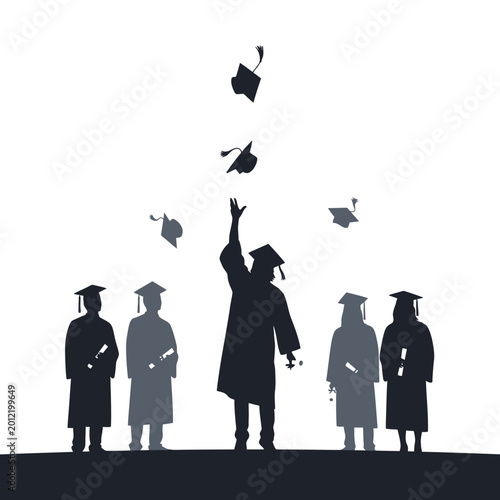 Graduation Silhouette: Students Throw Caps in the Air Celebrating Success