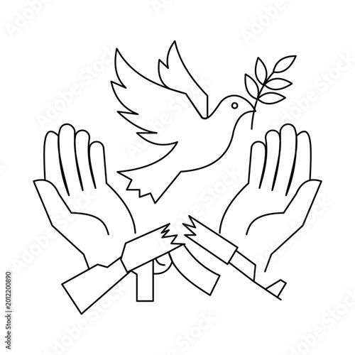 Tableau sur toile Peace symbol dove bird with olive branch and broken rifle gun for world pacifism concept