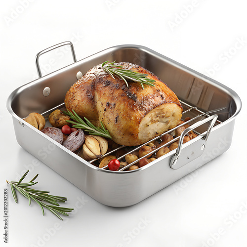 Roasted chicken, roasted vegetables, stainless steel roasting pan, cooking dish isolated on White Background