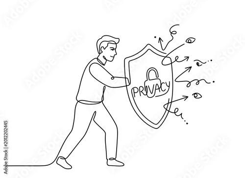 Fotografía Man holding shield blocking data threats, privacy and cybersecurity concept
