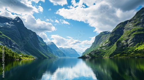 Spectacular Norwegian fjord landscape showcasing towering green mountains, clear reflective water, and dramatic cloud-filled sky