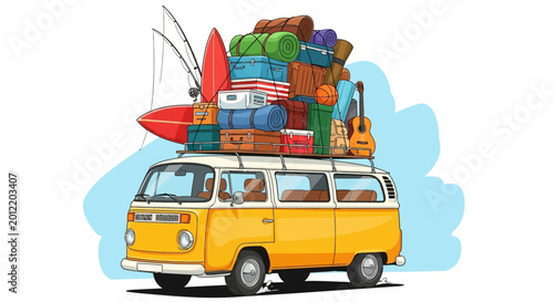Картината върху платно Vintage camper van, overloaded with luggage, surfboard, and travel gear, yellow
