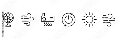 Air conditioning outline icon designs featuring cooling system symbols and climate control pictograms in thin line style