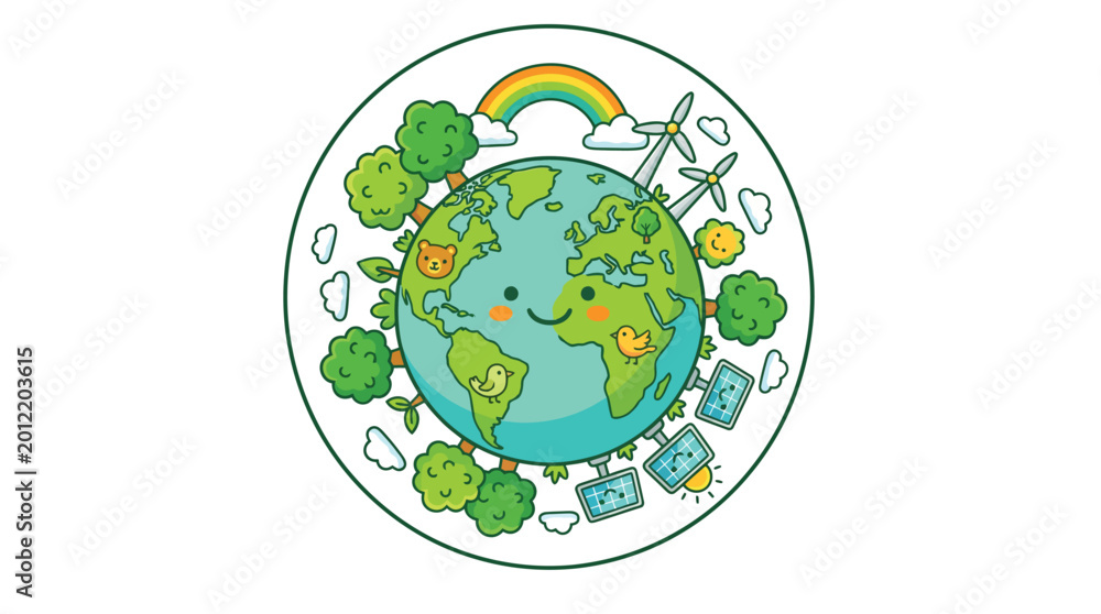 Fototapeta premium The Earth surrounded by lush trees, water droplets, and a smiling face under a vibrant rainbow with a flying airplane nearby.