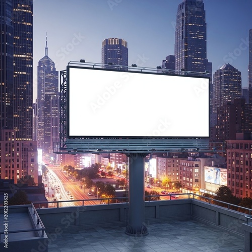 Blank Outdoor Billboard in a Modern City at Night with Urban Skyline