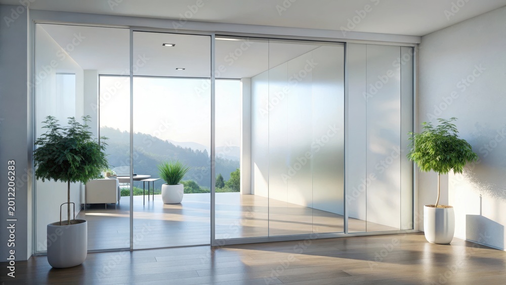 Naklejka premium A photo of a sleek white frosted glass sliding door with an aluminum profile The glass is pristine and fogged, reflecting the surrounding environment