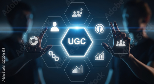 UGC User Generated Content. Marketing Strategy Concept. Digital Content Creation. Man Touching on Virtual Screen. Information and Innovation.