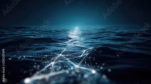 Abstract Digital Waves in a Dark Sea with Glowing Particles and Light Trails, Representing Technology, Data, and Oceanic Depths at Night
