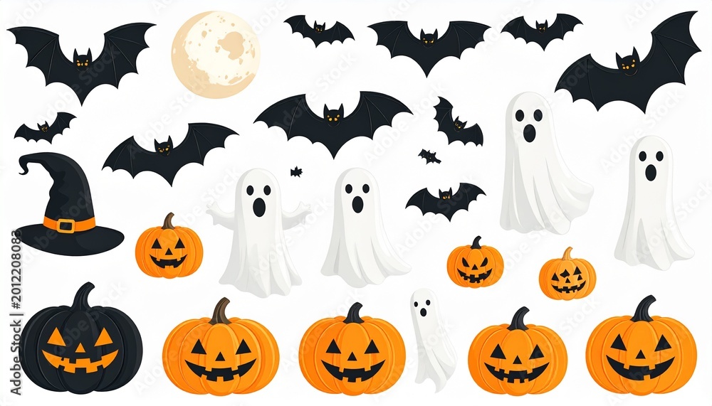 Obraz premium Minimal Halloween isolated elements set with bats pumpkins and ghost icons
