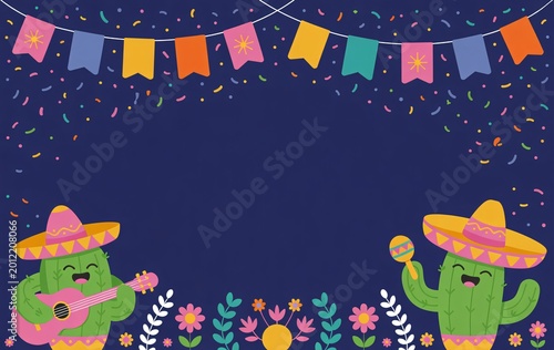 Two cartoon cacti wearing sombreros under colorful bunting at night.