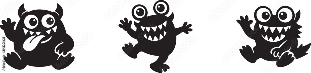 Obraz premium Funny monster icons vector set, cute cartoon creature symbols eps design.