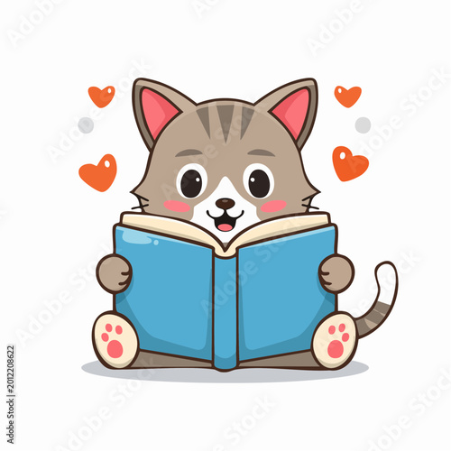 Adorable cartoon cat reading a book, cute kitten scholar character