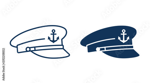Two captain's hats one outlined and one solid navy blue both with anchors uniform cap peaked cap illustration