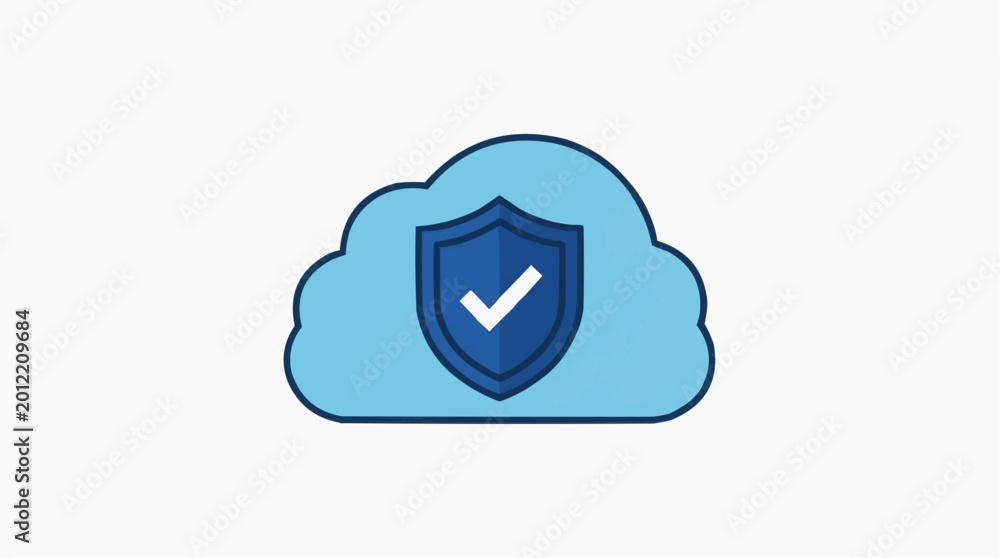 Fototapeta premium Cloud Data Protection: A symbolic representation of secure cloud storage, this image showcases a shield emblem overlaid with a checkmark, nestled within a cloud formation.