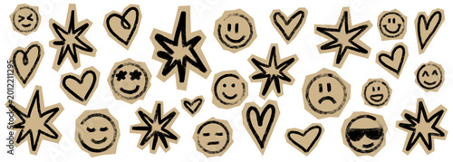 Hand Drawn Set of Zine Style Paper Cutouts. Aesthetic Scrapbook Collection with Hearts, Stars and Faces on Kraft Paper. Crayon Texture Vector Illustration for Journal and Collage.