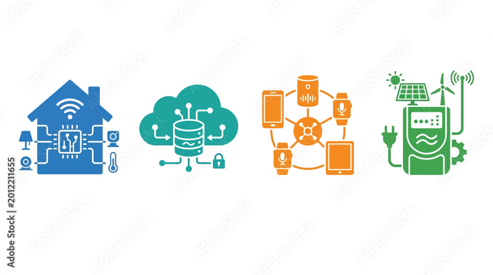 Fototapeta premium Four distinct icons illustrating smart home technology, cloud computing, interconnected IoT devices, and renewable energy solutions.