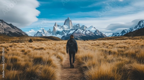 Hiker walks along a dirt path through a golden grass field toward the jagged snow capped mountain range peaks.