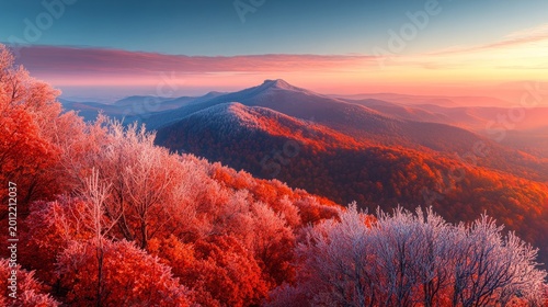 Mountains stand tall behind a forest covered in frost during a beautiful sunrise in the late autumn season time.