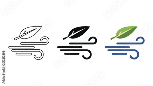 Принти на полотні Set of three wind icons with green leaf, representing nature and air, flat desig