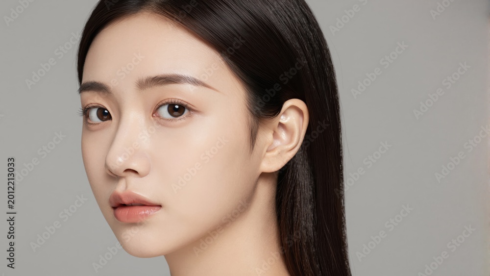 Fototapeta premium Serene Expression: A portrait of a woman with captivating eyes and a gentle smile, exudes elegance and grace, reflecting a sense of inner peace.