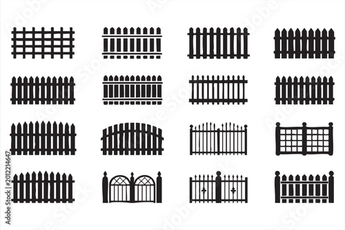 Konstfotografi Black fence icons featuring wrought iron gates, lattice panels, railings, picket