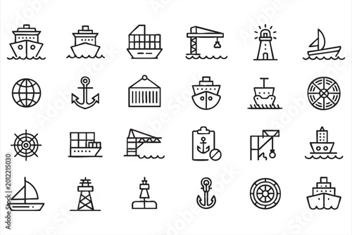Black outline nautical icons with cargo vessels, sailboats, port equipment, anchors, and marine navigation symbols