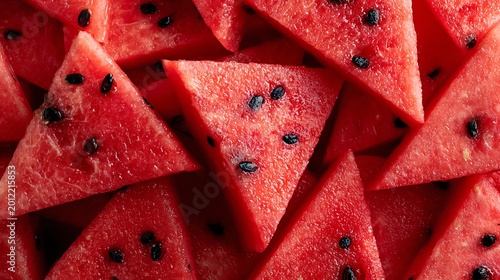 Close-up Top View of Juicy Watermelon Slices / ジューシーなスイカスライスのクローズアップ俯瞰