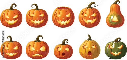 Foto Collection of halloween jack o lantern pumpkins vector illustration featuring gl