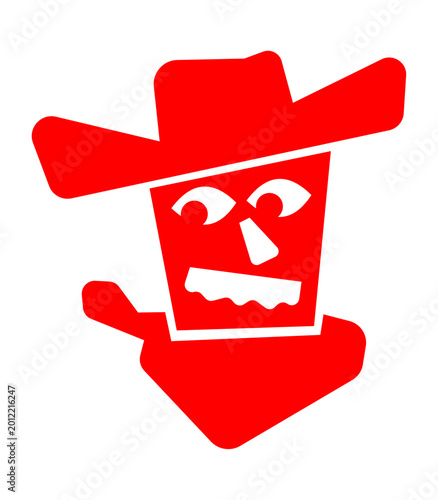 Fotografía Stylized red cowboy mascot icon with a blocky face, wearing a wide-brimmed hat and bandana