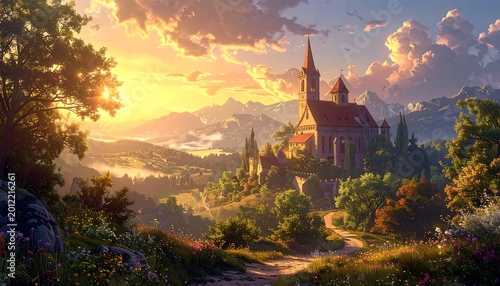 A scenic village nestled in rolling hills with a church as the focal point, bathed in the warm glow of a setting sun