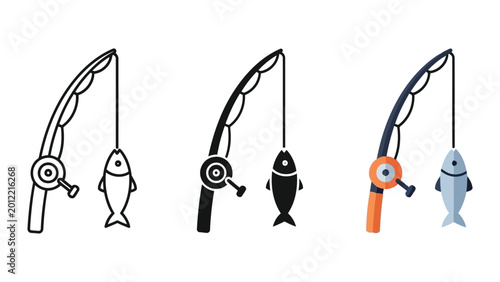Schilderij op canvas Fishing rod with caught fish vector illustration set