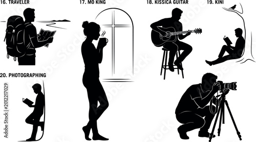 Canvastavla Silhouette set of people engaged in various activities on a white background