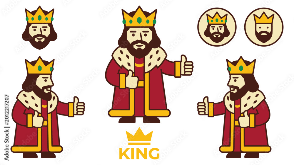 Naklejka premium Cartoon king character set showing royal leader with thumbs up gesture on white background.